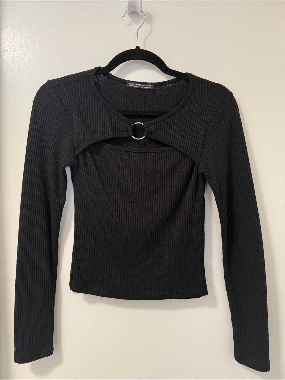 Rock Rose Couture | Black Ribbed Long-Sleeve Top with Silver O-Ring
